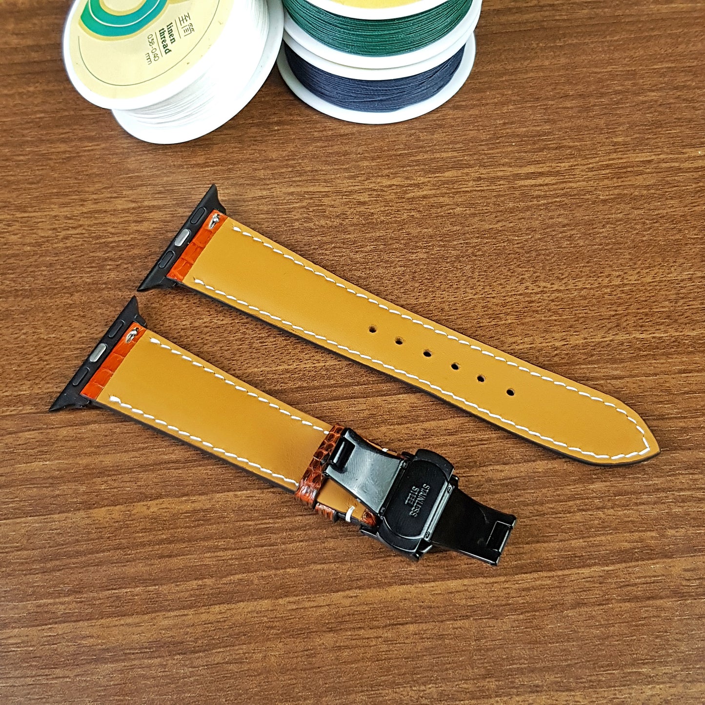 Custom Orange Lizard Leather Apple Watch Band