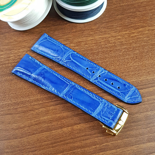 Blue Alligator Leather Omega Watch Strap With Deployant Clasp