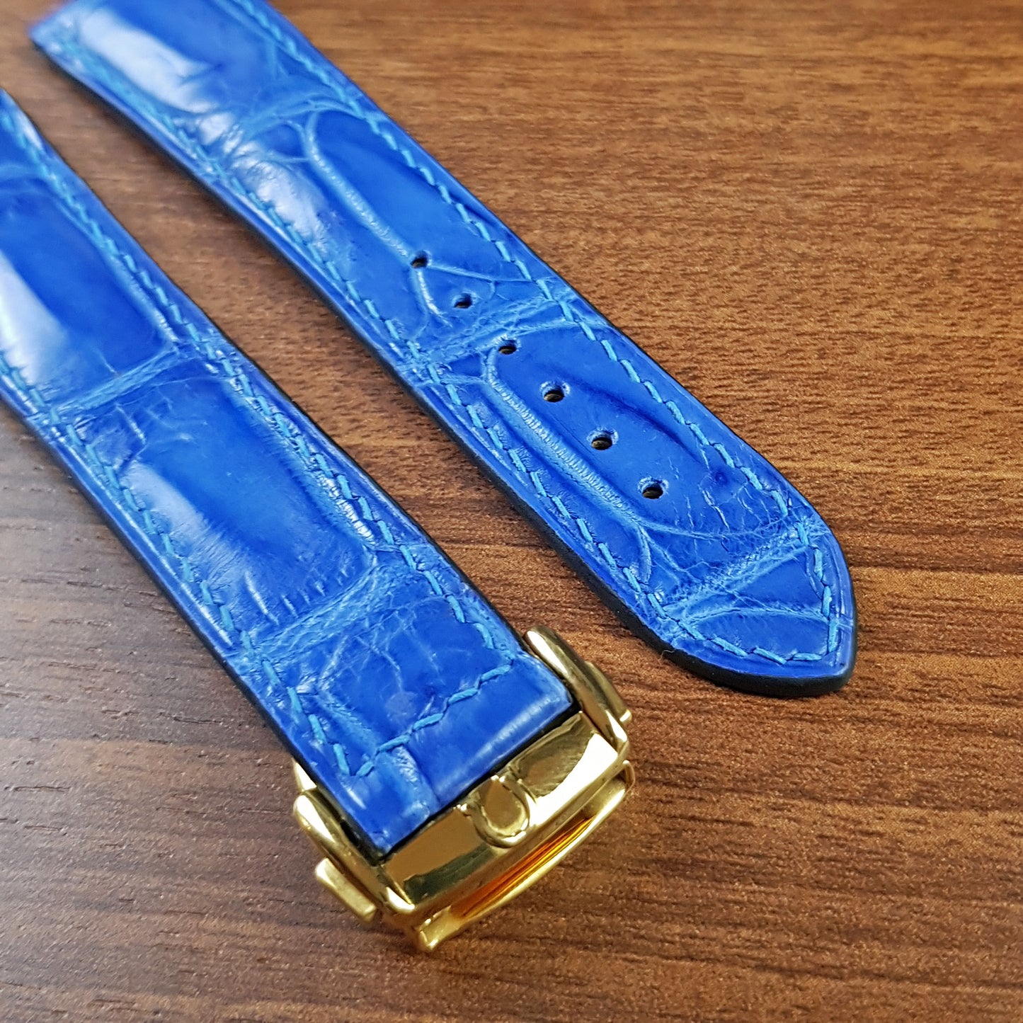 Blue Alligator Leather Omega Watch Strap With Deployant Clasp