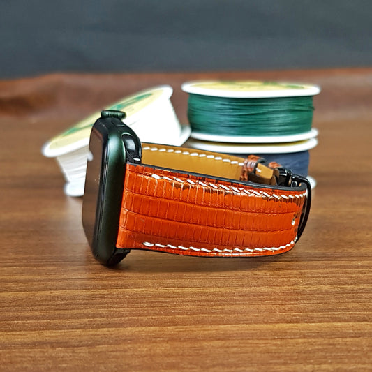 Custom Orange Lizard Leather Apple Watch Band