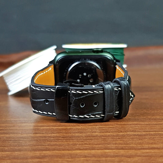 Black Geguine Alligator Leather Apple Watch Band - PVMH Leather