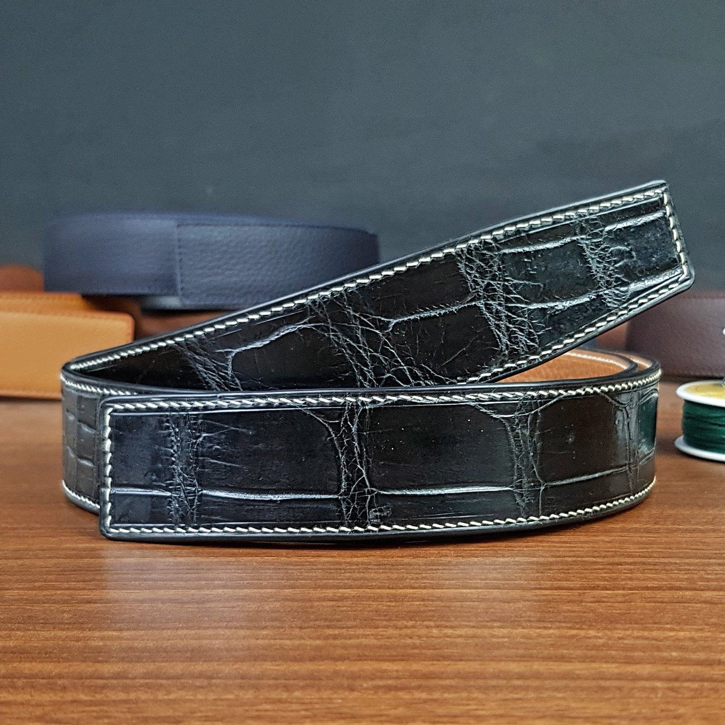 Black Genuine Alligator Leather Belts Without Buckle Replacements - PVMH Leather