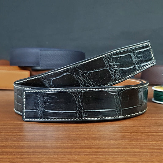 Black Genuine Alligator Leather Belts Without Buckle Replacements - PVMH Leather