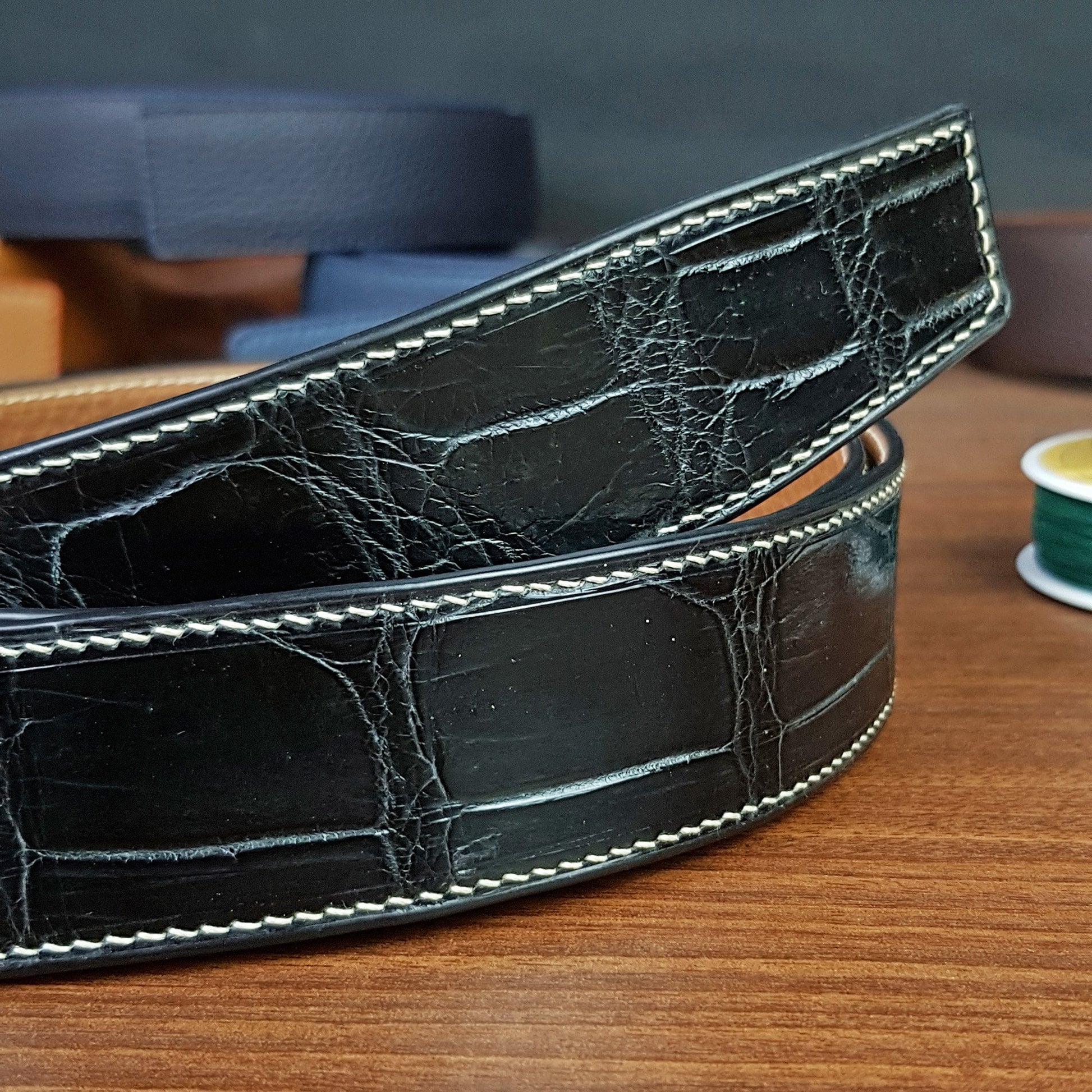 Black Genuine Alligator Leather Belts Without Buckle Replacements - PVMH Leather