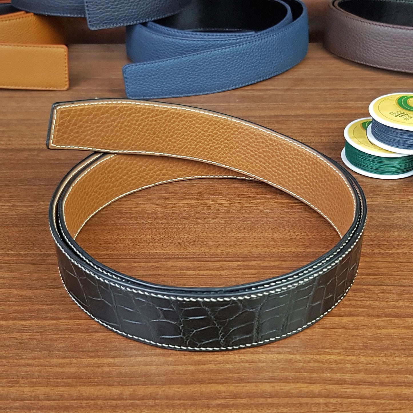 Black Genuine Alligator Leather Belts Without Buckle Replacements - PVMH Leather