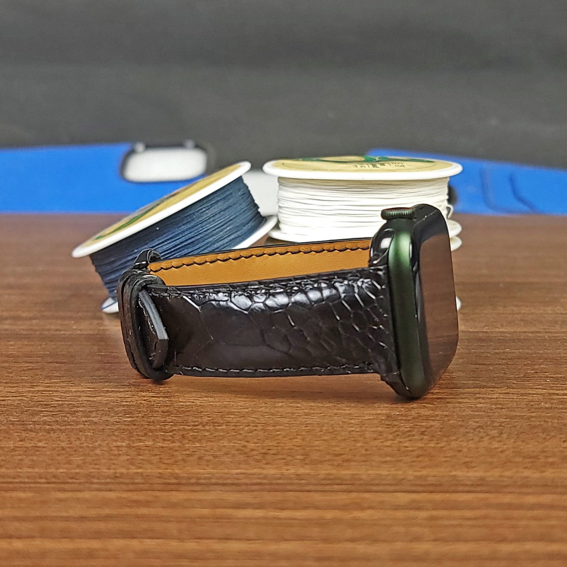 Custom Black Genuine Ostrich Leather Apple Watch Band - PVMH Leather