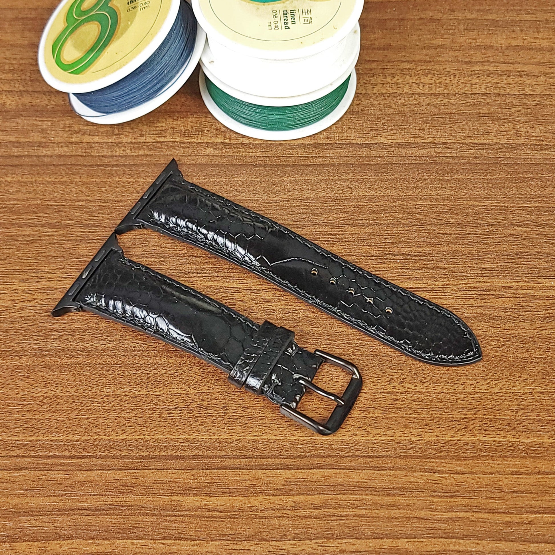 Custom Black Genuine Ostrich Leather Apple Watch Band - PVMH Leather