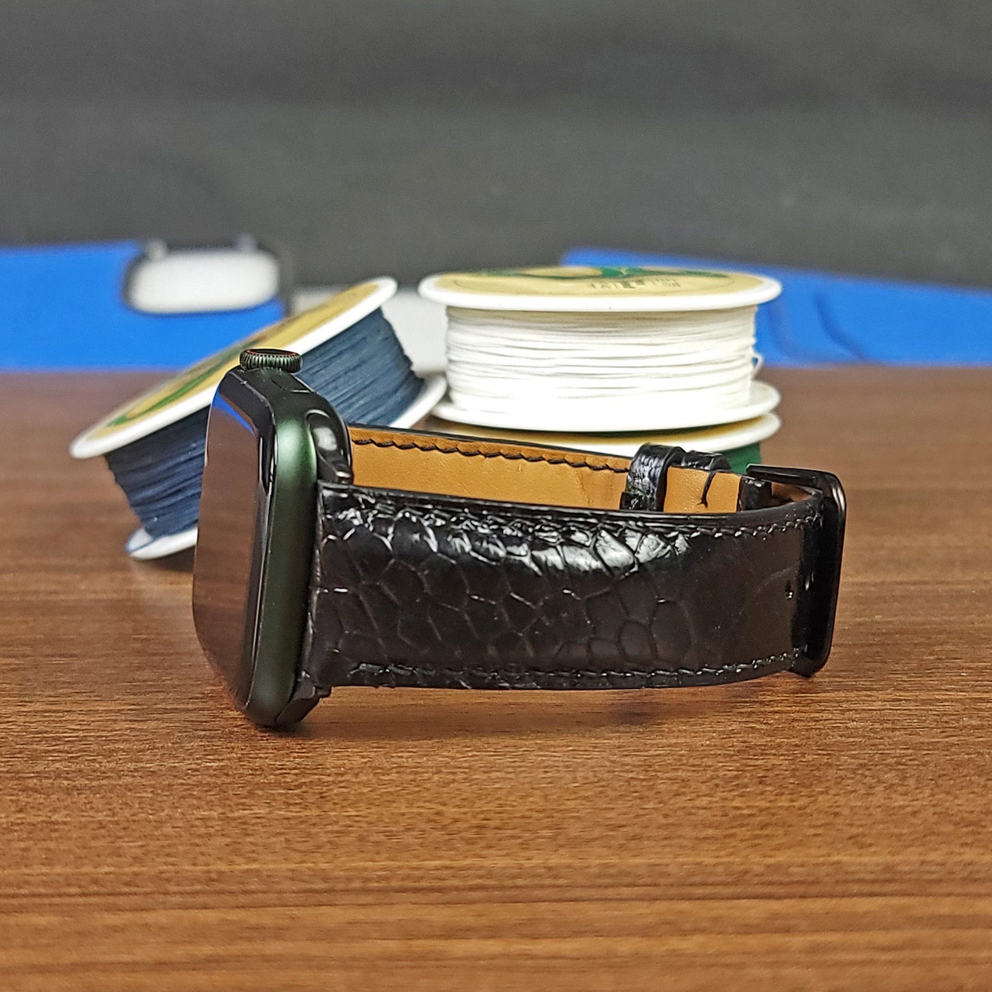 Custom Black Genuine Ostrich Leather Apple Watch Band - PVMH Leather