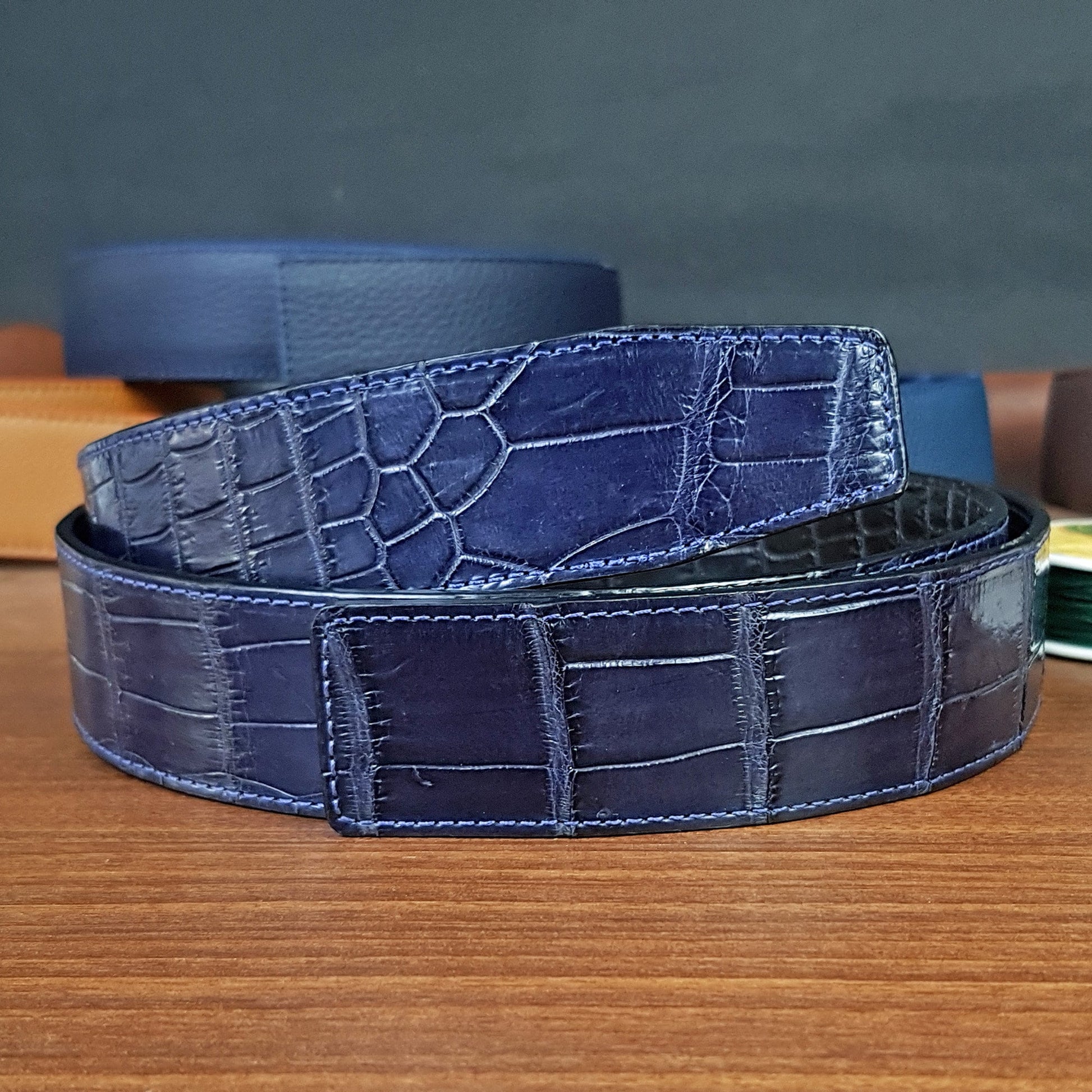 Custom Blue Genuine Alligator Leather Belts With Buckle - PVMH Leather