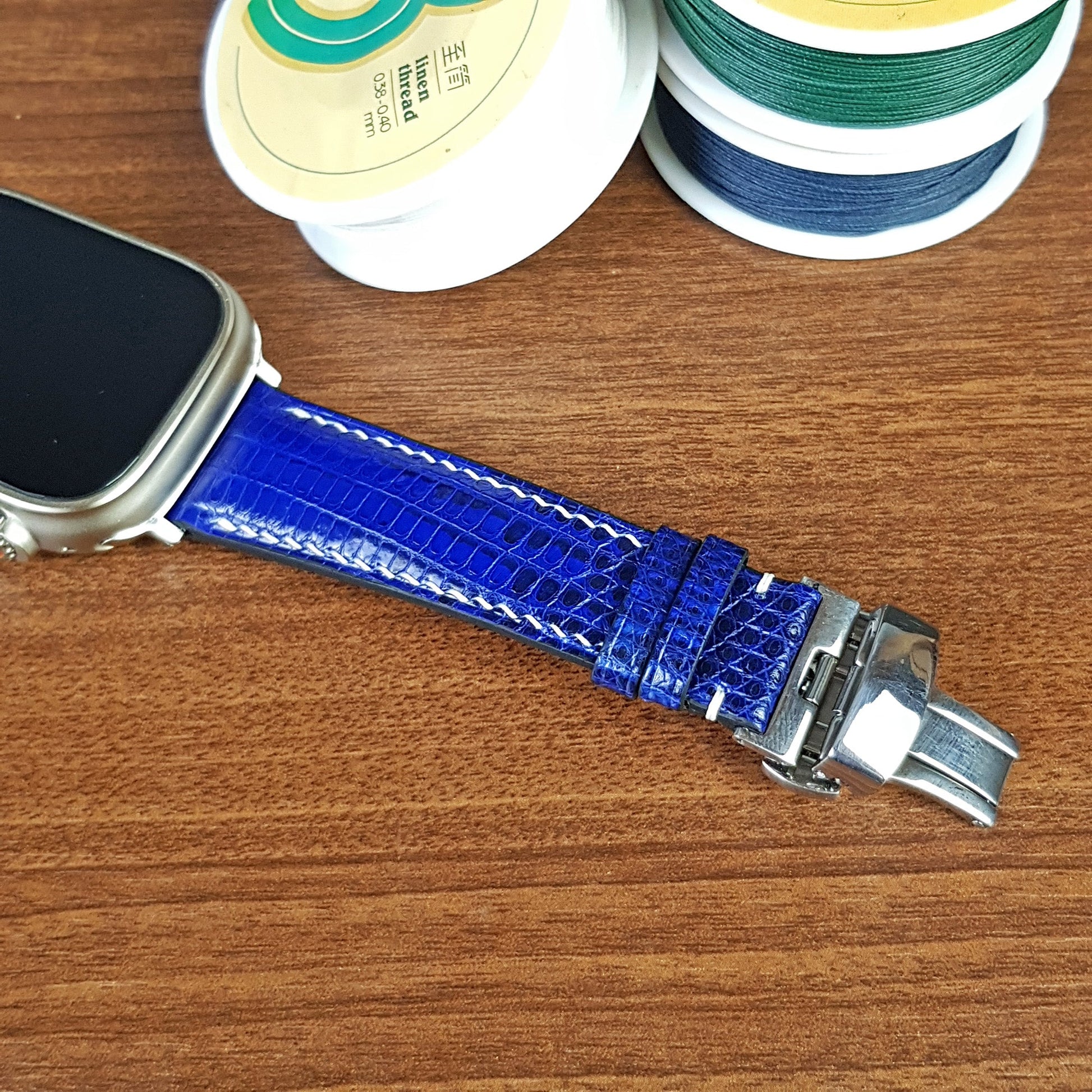 Custom Blue Lizard Leather Apple Watch Ultra Bands - PVMH Leather