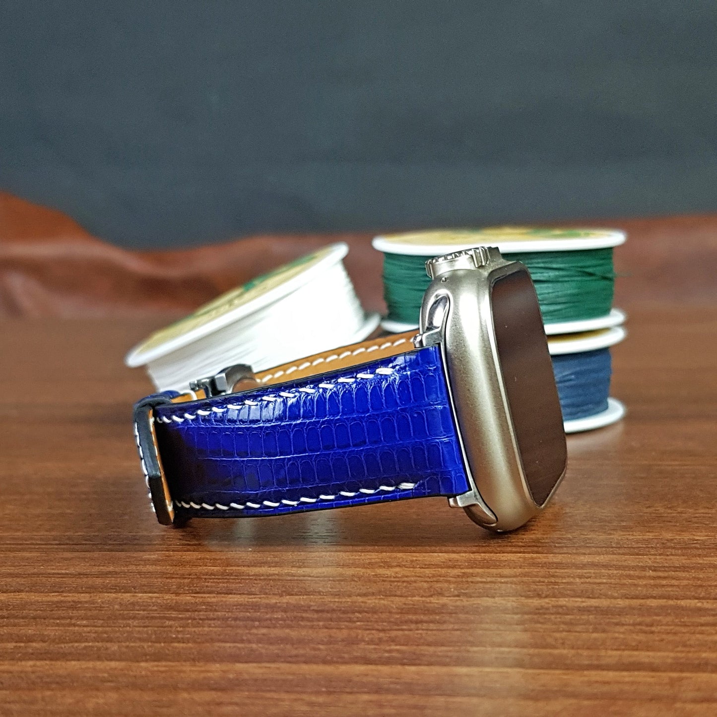 Custom Blue Lizard Leather Apple Watch Ultra Bands - PVMH Leather