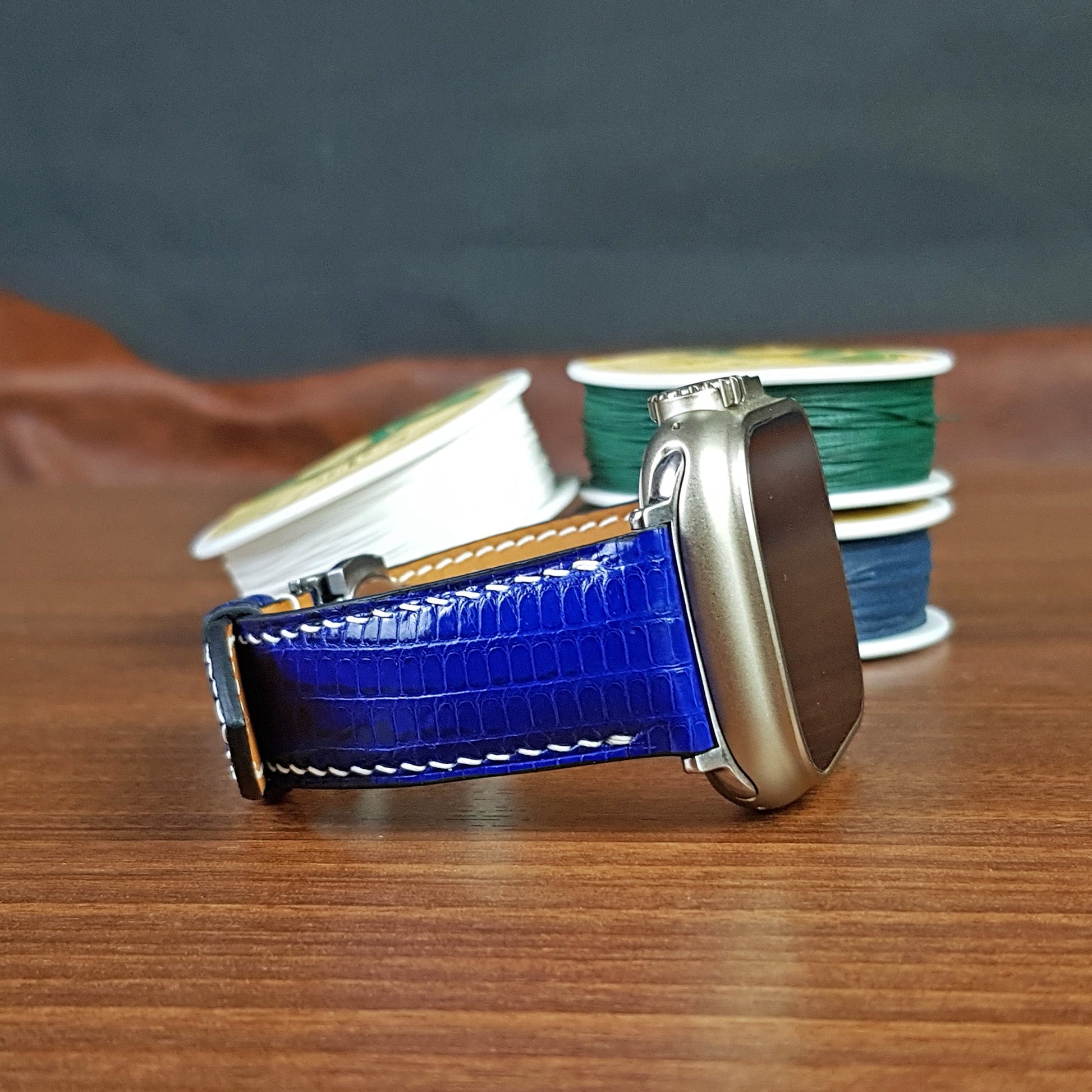 Custom Blue Lizard Leather Apple Watch Ultra Bands - PVMH Leather