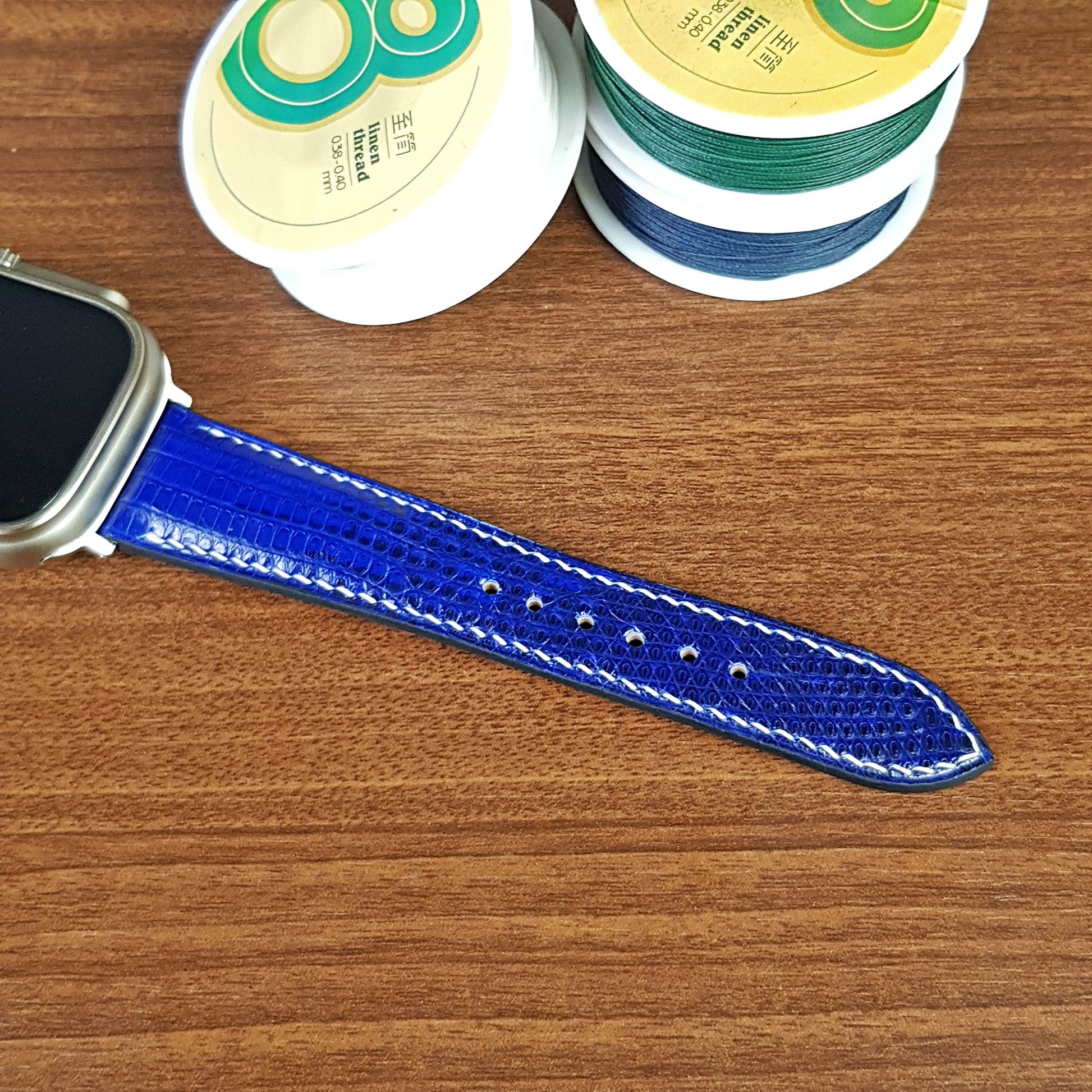 Custom Blue Lizard Leather Apple Watch Ultra Bands - PVMH Leather