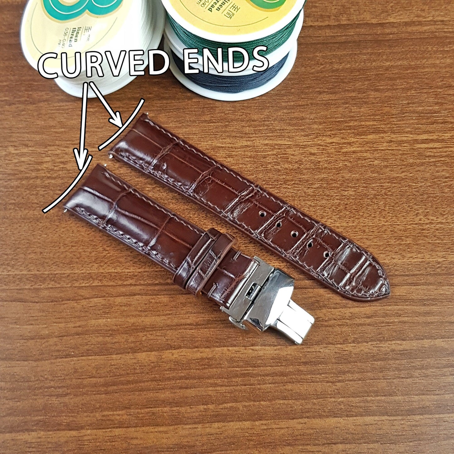 Custom Brown Alligator Leather Curved End Watch Strap Quick Release Spring Bars - PVMH Leather