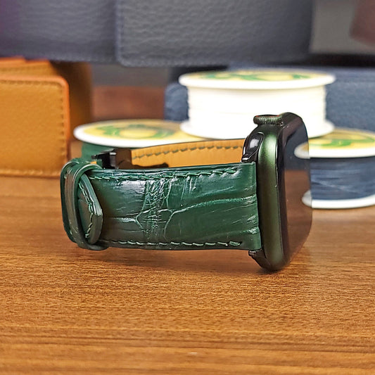 Custom Green Genuine Alligator Leather Apple Watch Band - PVMH Leather