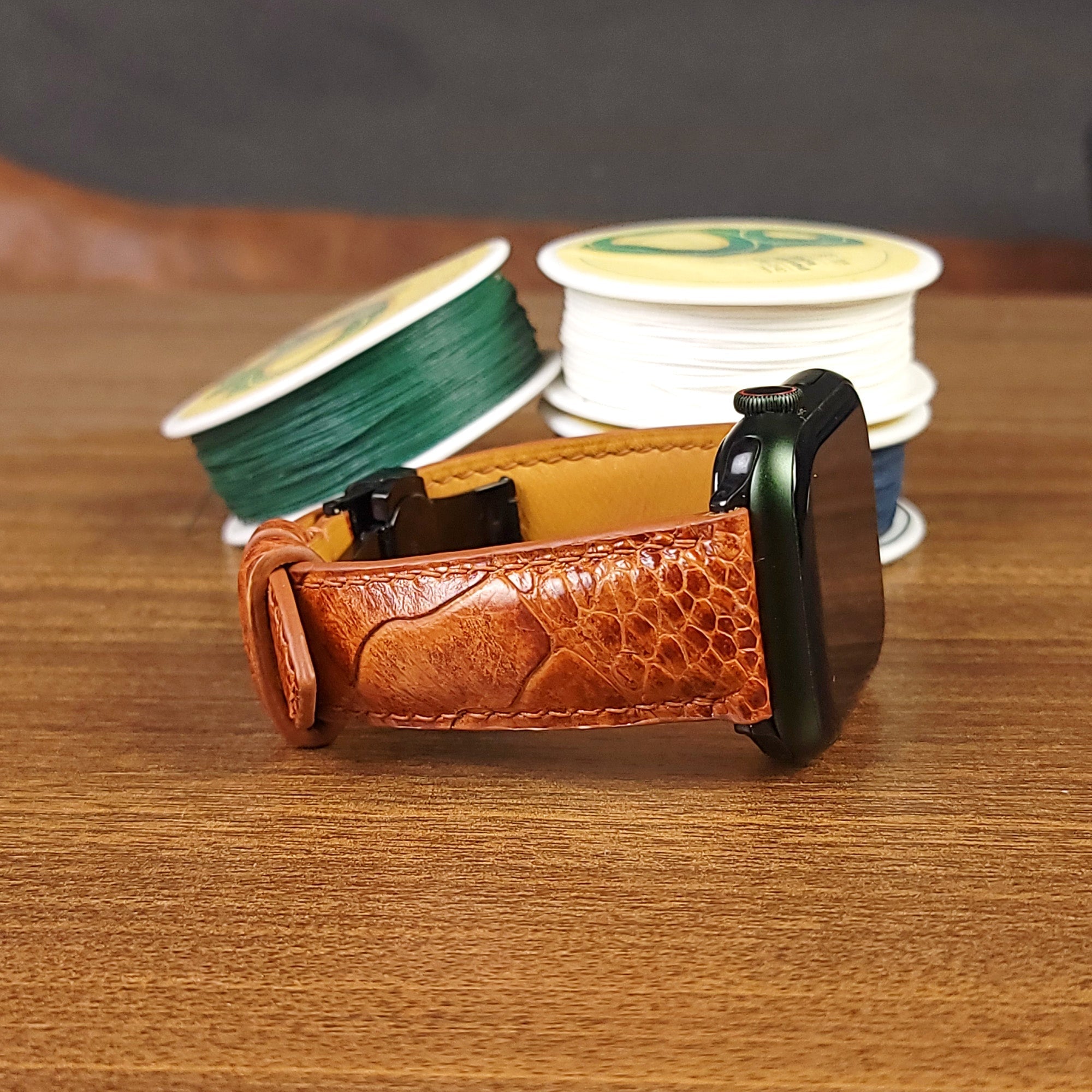 Custom Light Brown Ostrich Leather Apple Watch Bands - PVMH Leather