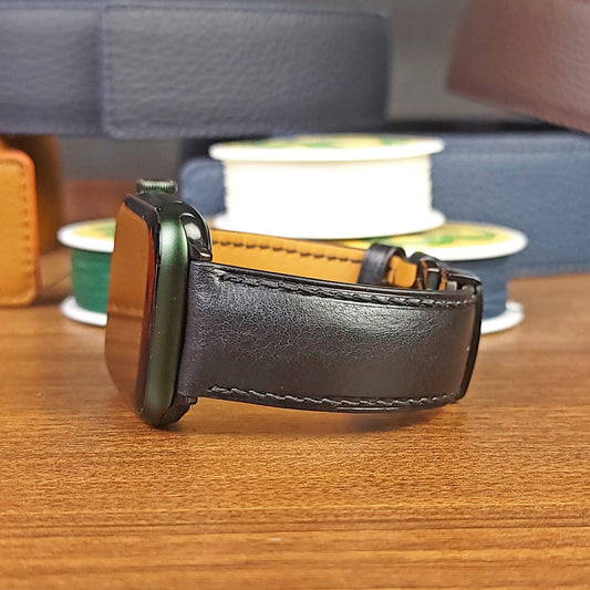 Custom Luxury Black Vachetta Leather Apple Watch Bands - PVMH Leather