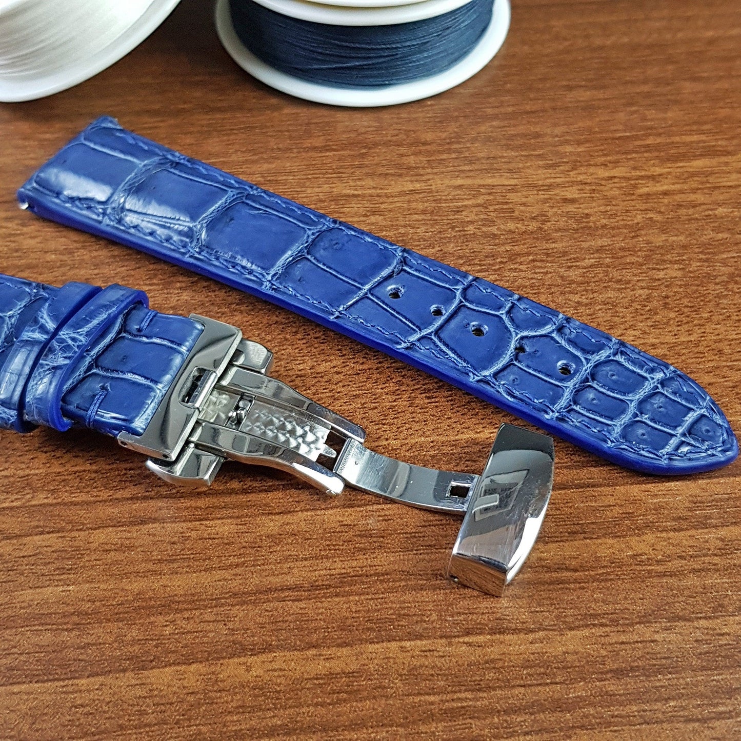 Handmade Blue Geguine Alligator Leather Watch Strap Curved End - PVMH Leather