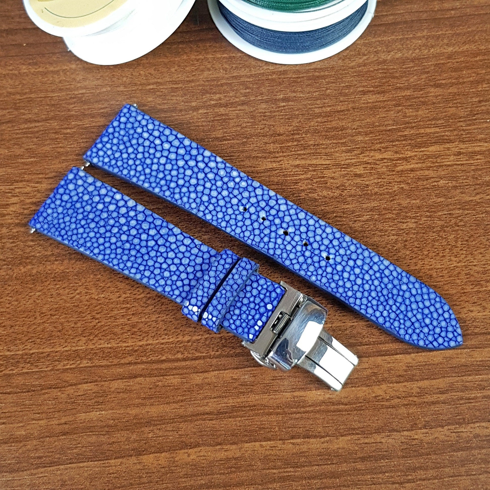 Handmade Blue Stingray Leather Watch Strap Deployant Clasp - PVMH Leather