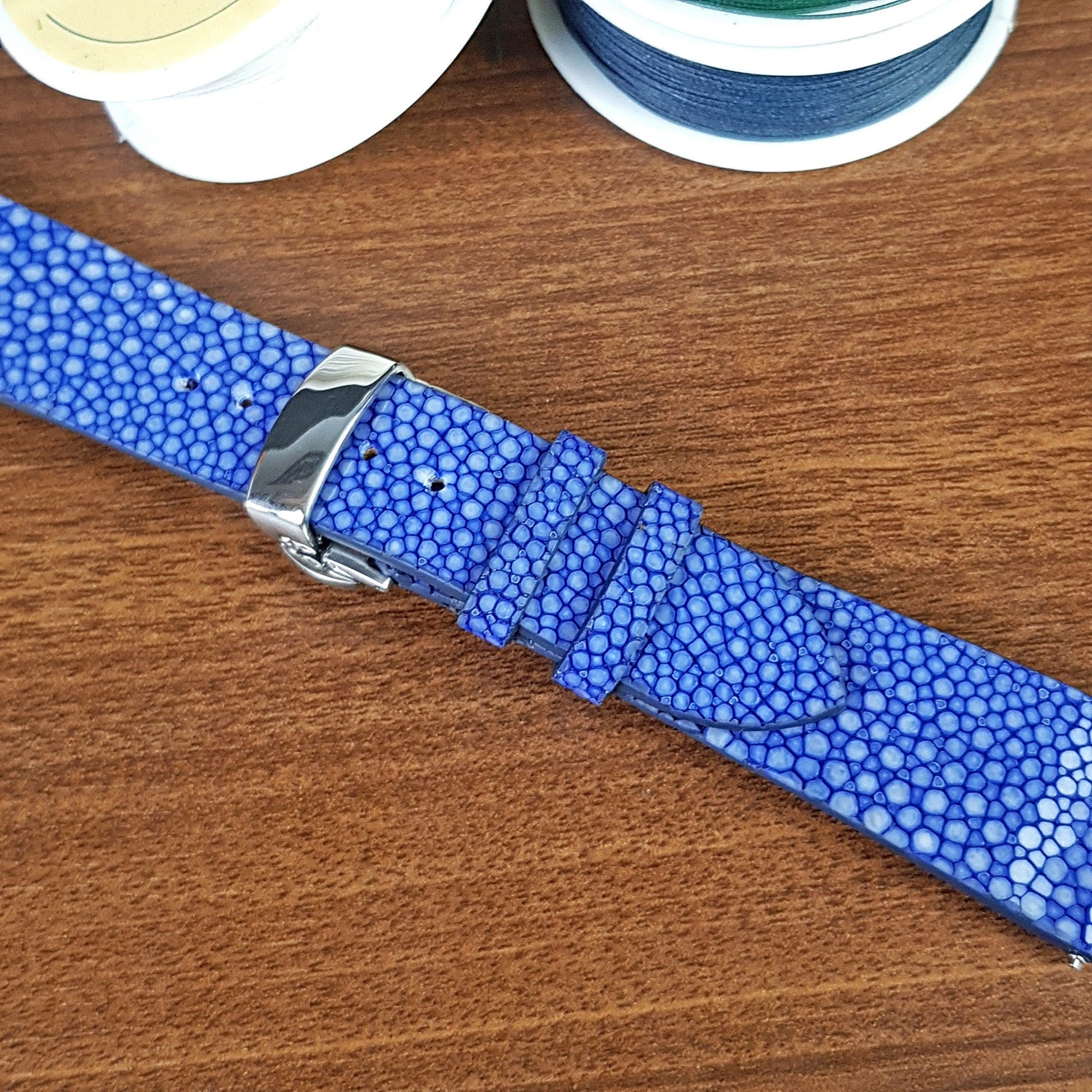 Handmade Blue Stingray Leather Watch Strap Deployant Clasp - PVMH Leather