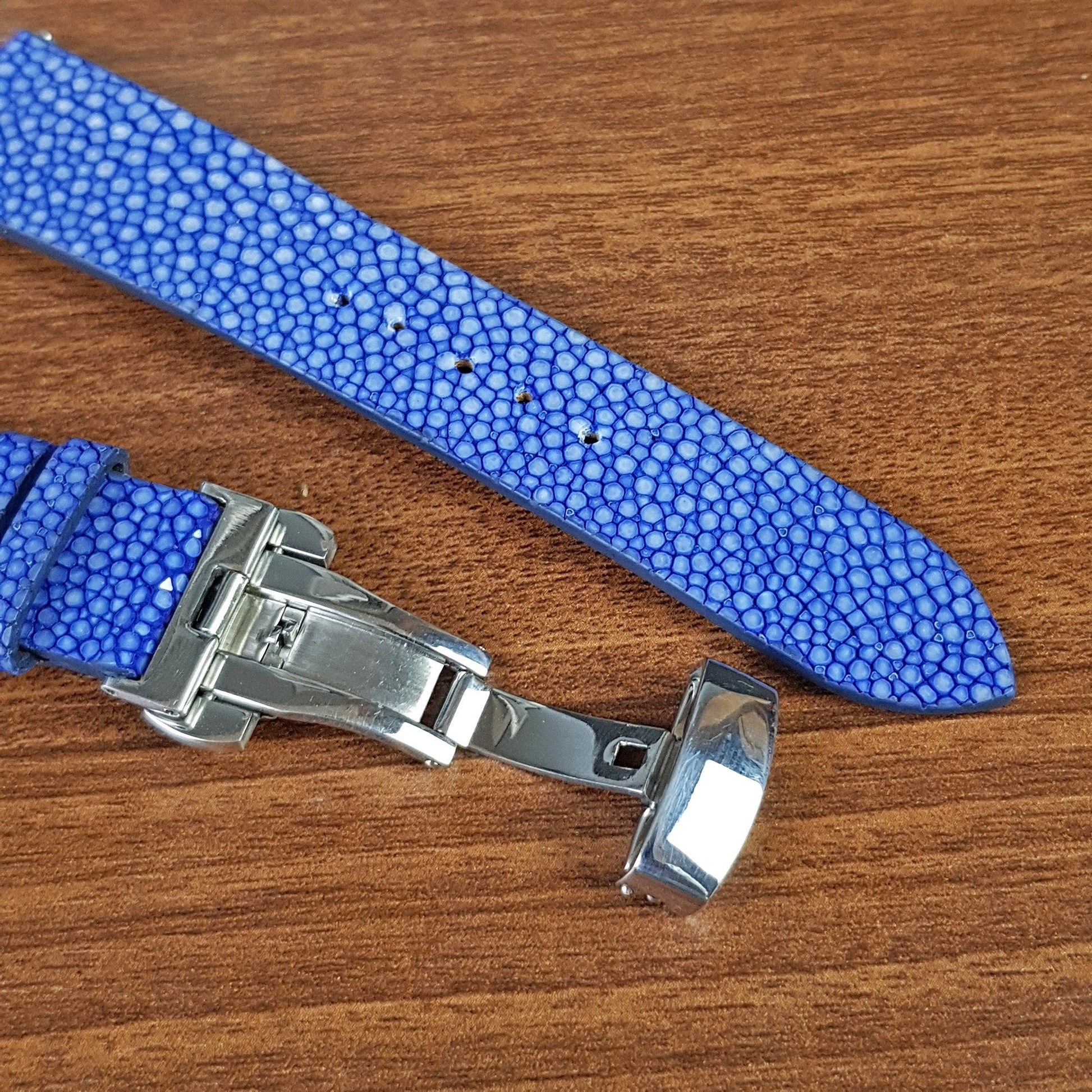 Handmade Blue Stingray Leather Watch Strap Deployant Clasp - PVMH Leather