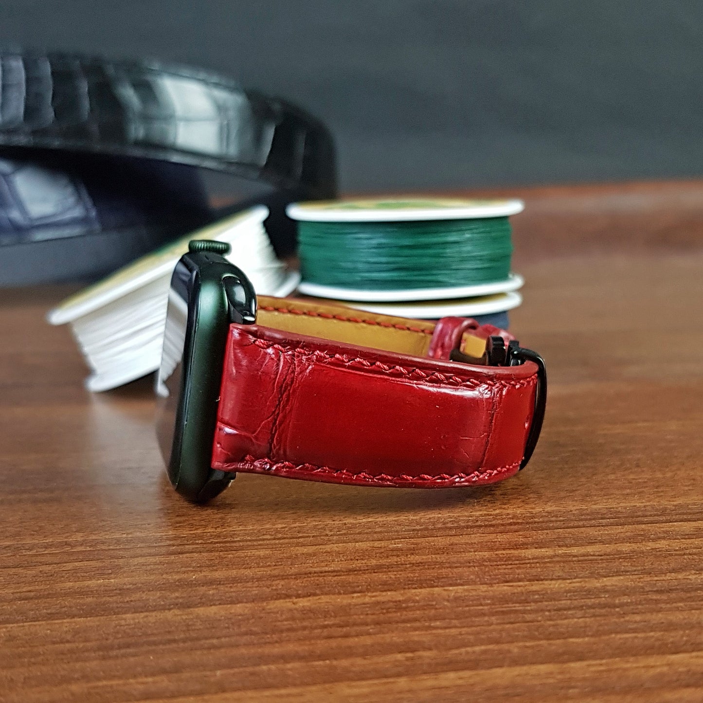 Handmade Red Alligator Leather Apple Watch Band - PVMH Leather