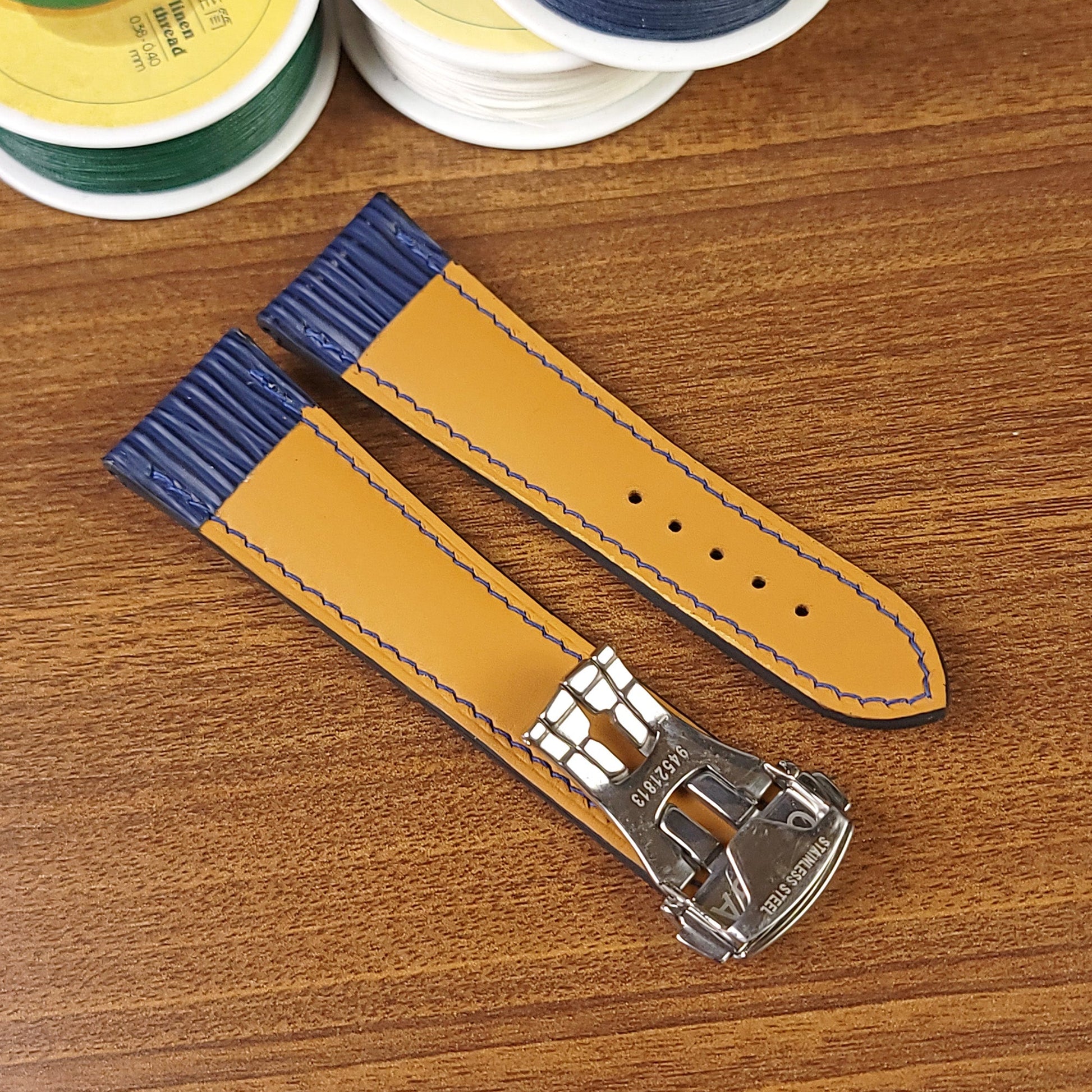 Navy Blue Genuine Epi Leather Omega Watch Straps 20mm - PVMH Leather