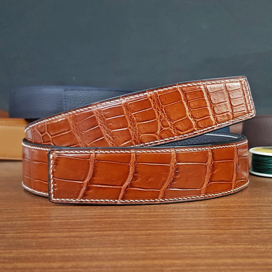 Reddish Brown Alligator Leather Belt With Buckle For Men - PVMH Leather